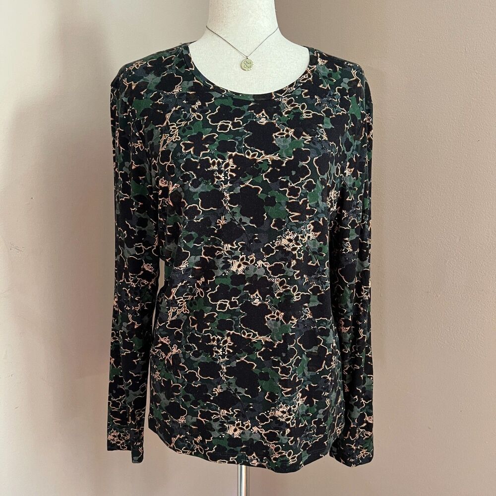 Saint + Sofia Floral Print Long Sleeve Stretch Top Eco Viscose Black Green US 14